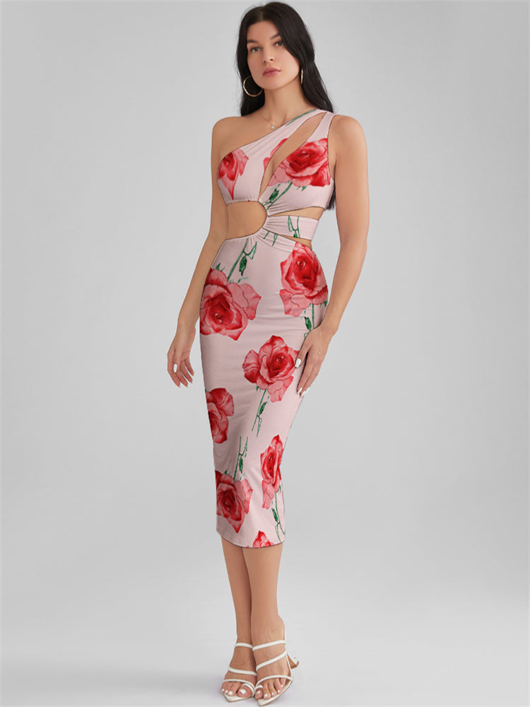 KINSLEY Misty Rose Print One Shoulder Cutout Midi Dress