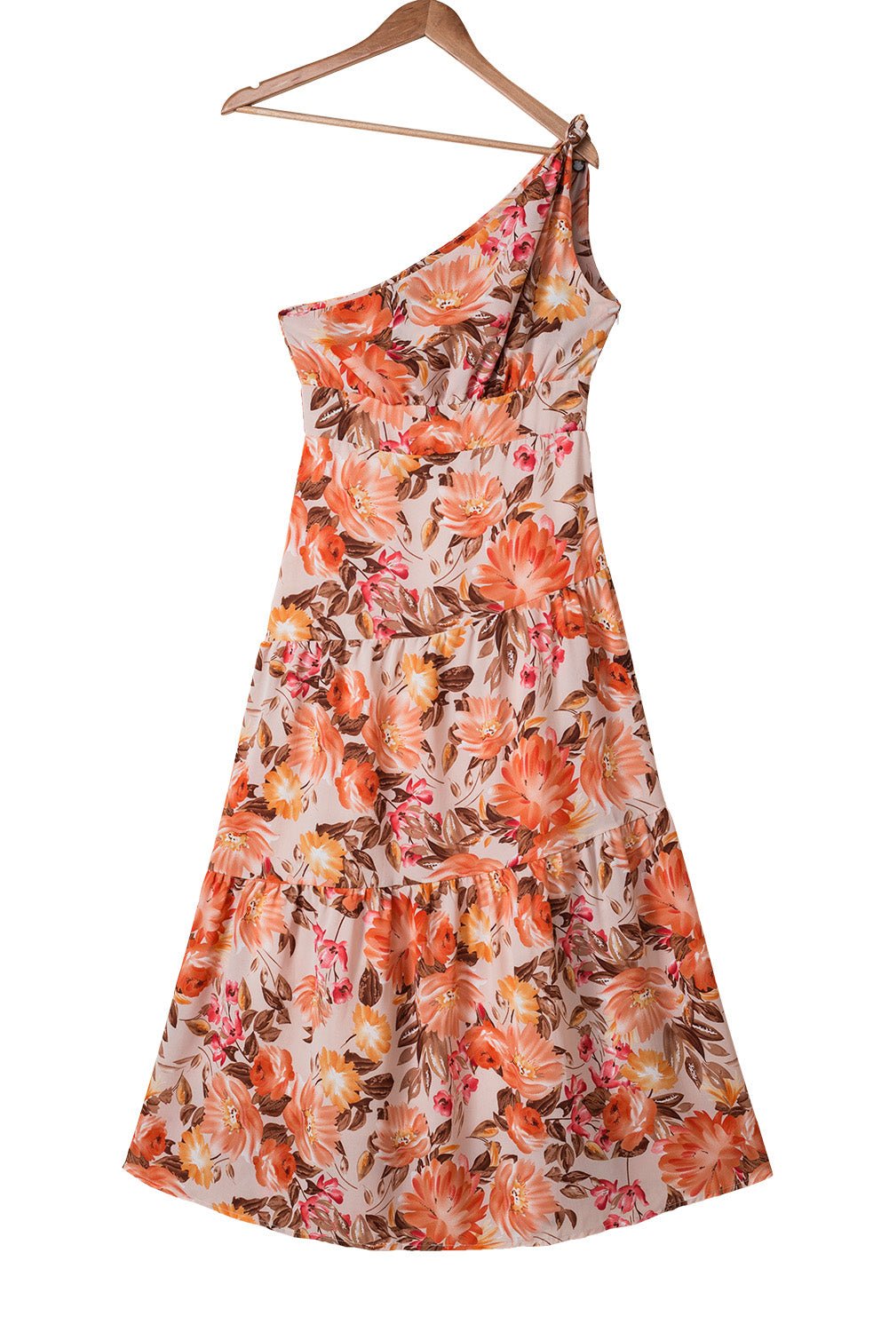 Orange Floral Pleated One Shoulder Maxi Dress