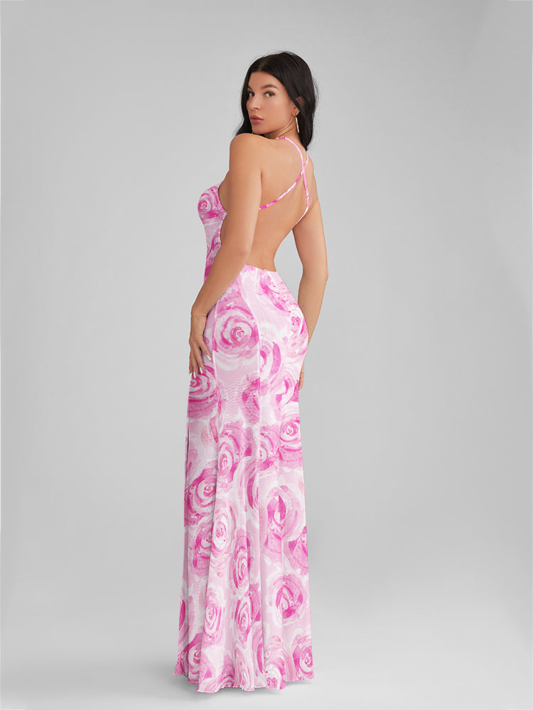 CATALINA Pastel Rose Print Backless Plunge Maxi Dress