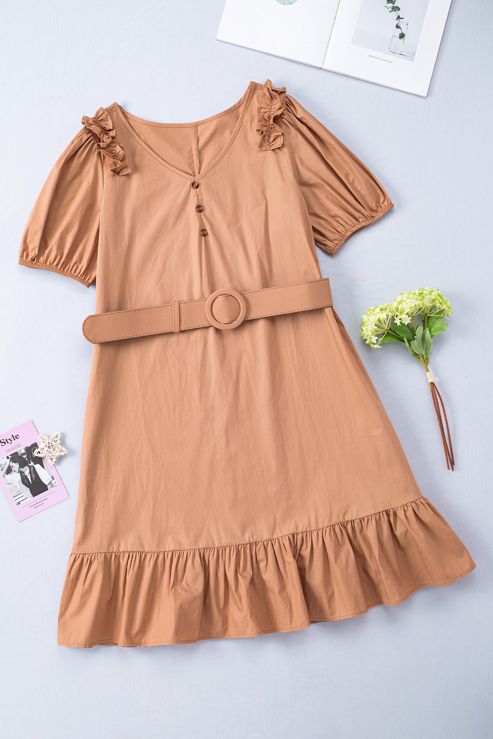 Brown V-Neck Ruffle Buttoned Midi Dress