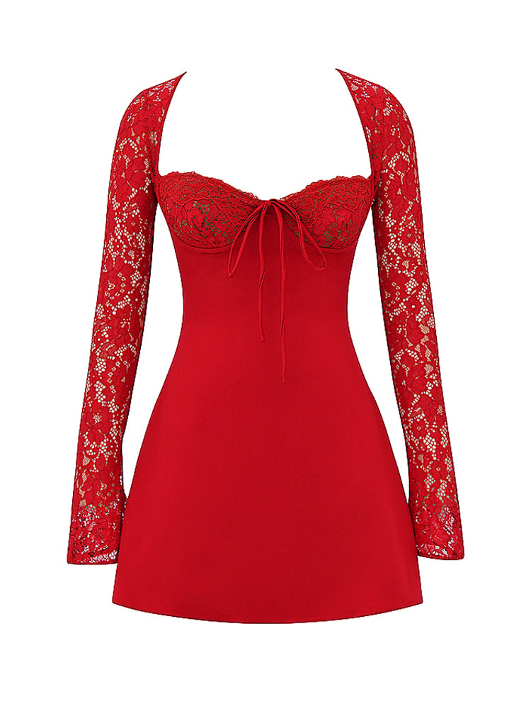 Red Rose Lace Long Sleeves A-line Mini Dress