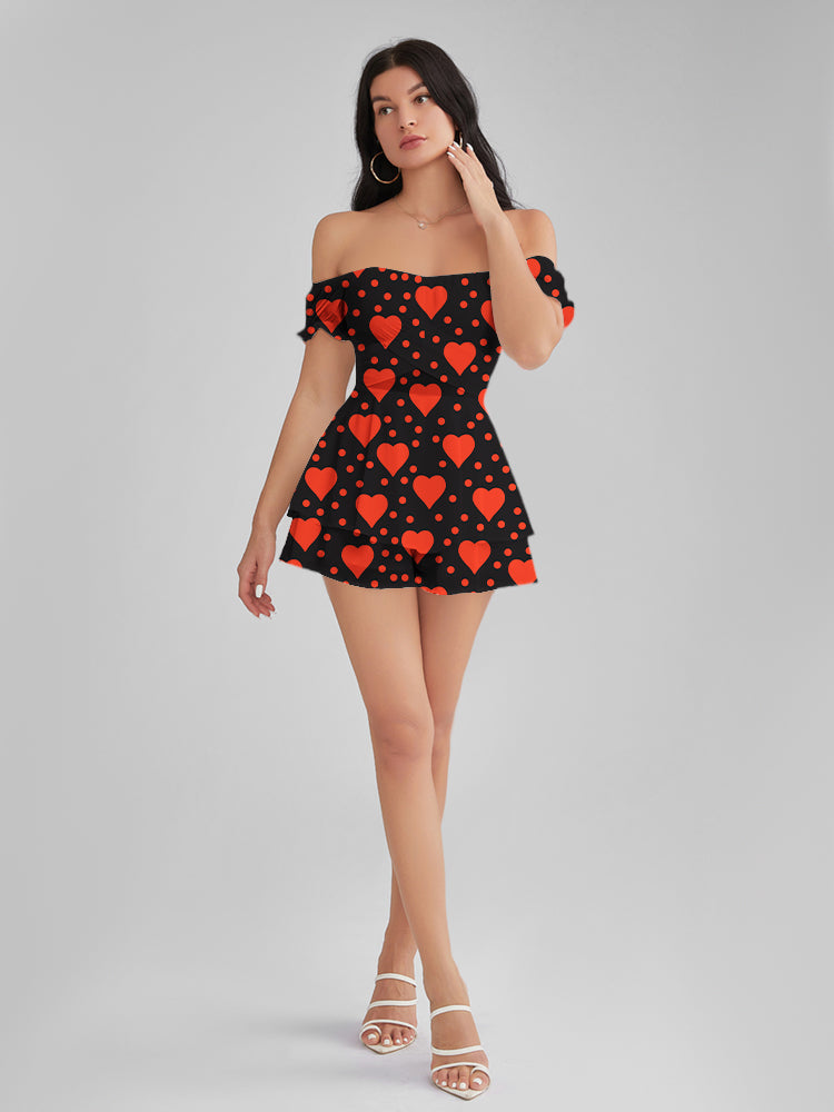 GLENDALE Heart Polka Dots Satin Ruffle Strapless Mini Dress