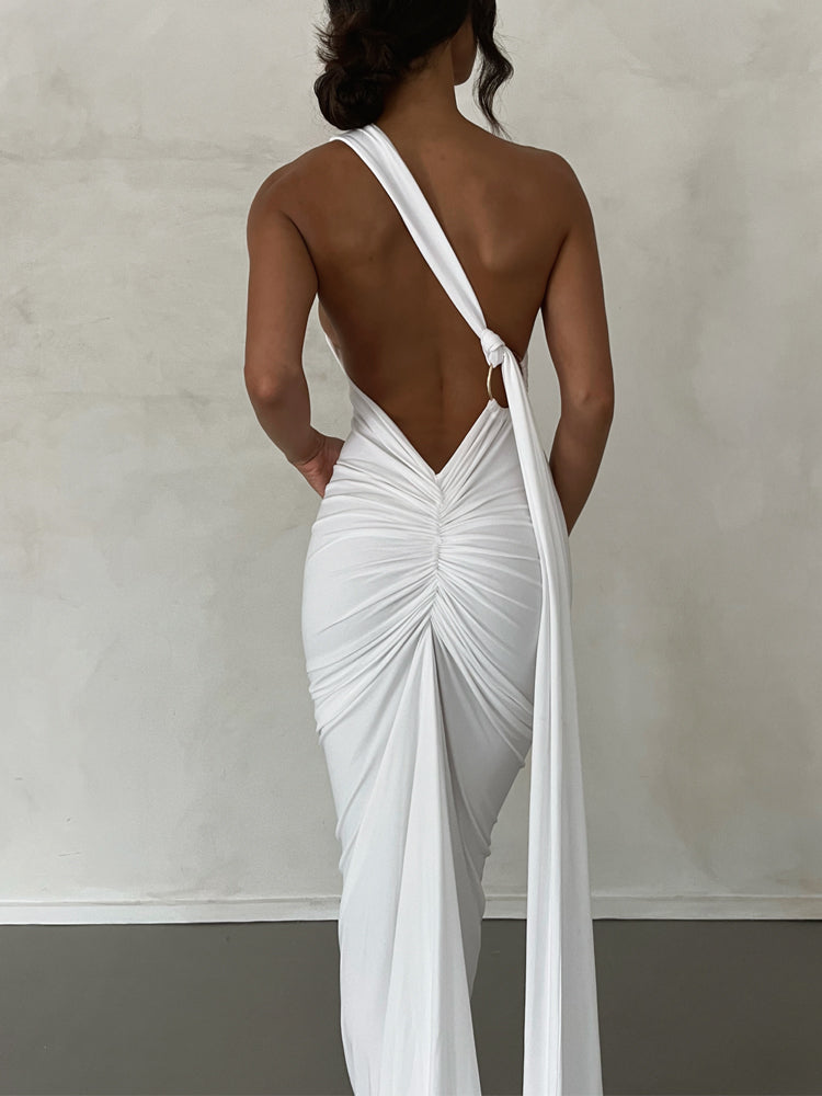 Elongated Sash Halter Sleeveless Open Back Maxi Dress