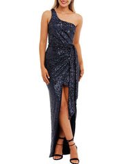 Sequin One Shoulder Side Sleeveless Slit Evening Gown