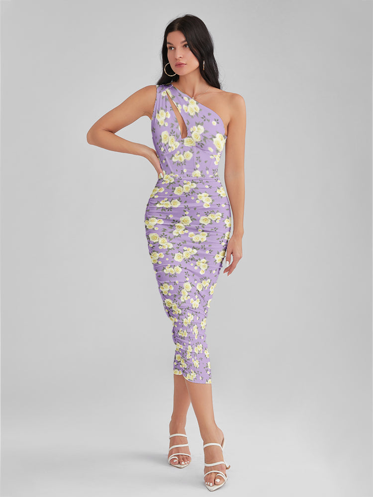 Emily In Paris Pattern Purple Floral One Shoulder Corset Midi Dress