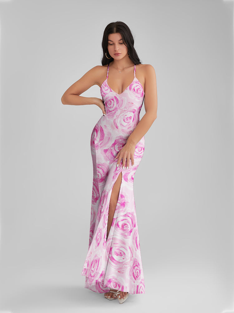 CATALINA Pastel Rose Print Backless Plunge Maxi Dress