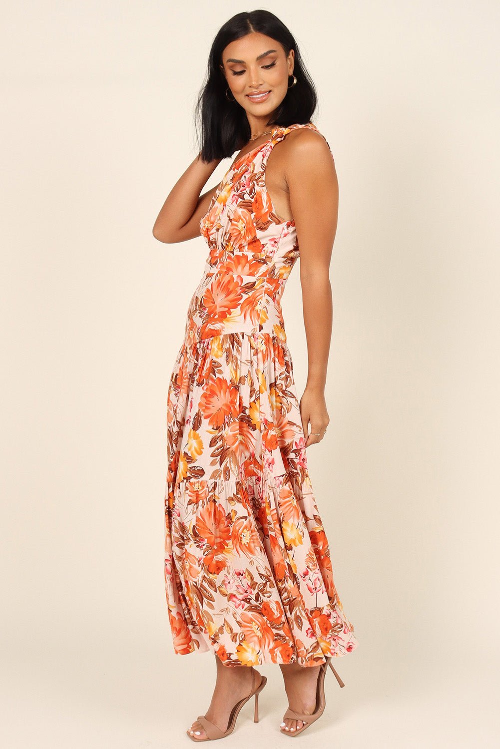 Orange Floral Pleated One Shoulder Maxi Dress