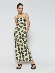 Ginkgo Print Smocking Back Slit Maxi Dress