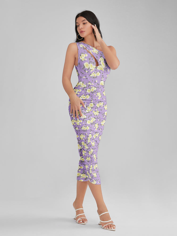 Emily In Paris Pattern Purple Floral One Shoulder Corset Midi Dress