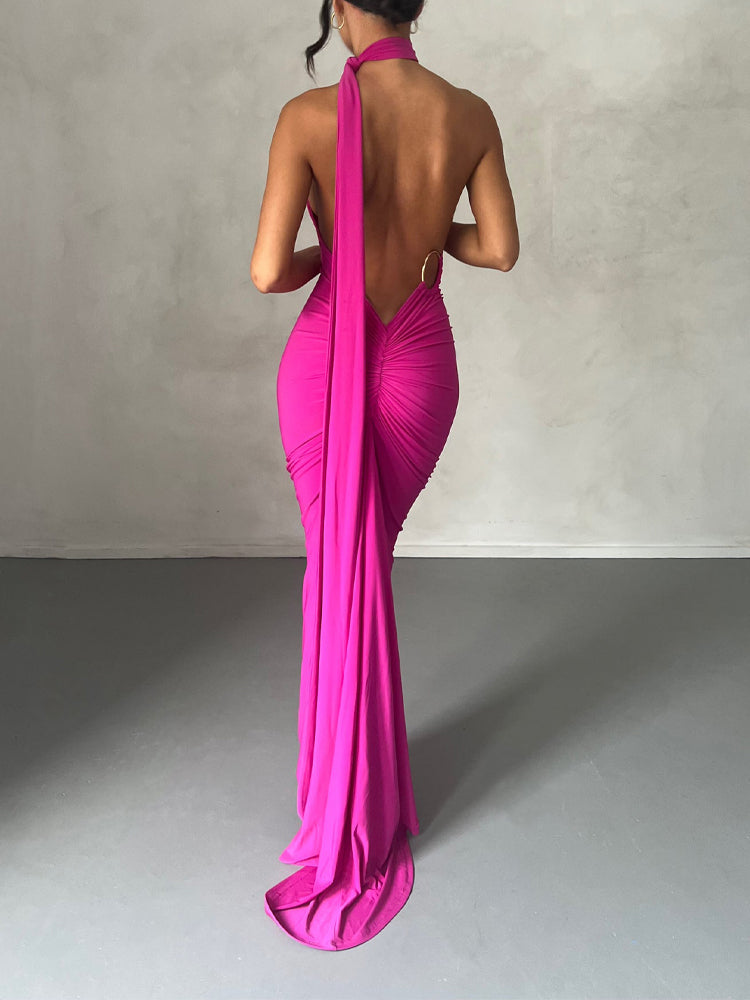 Elongated Sash Halter Sleeveless Open Back Maxi Dress