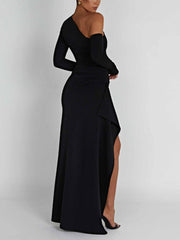 Asymmetric One Shoulder High Slit Drape Maxi Dress