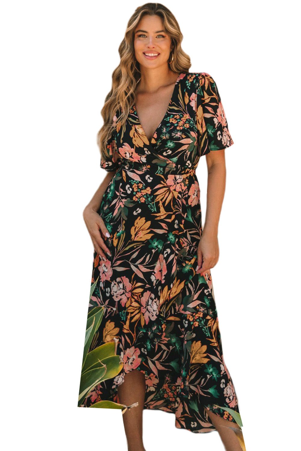 Floral Wrapped V Neck Maxi Dress