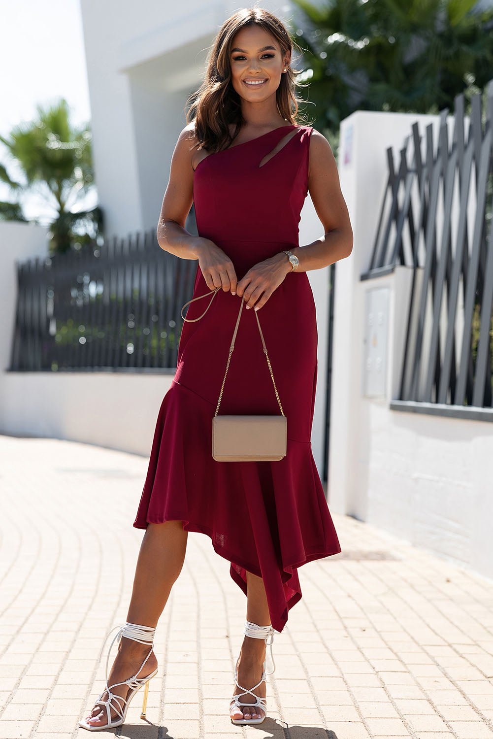 Red Cut-Out One Shoulder Ruffle Bodycon Dress