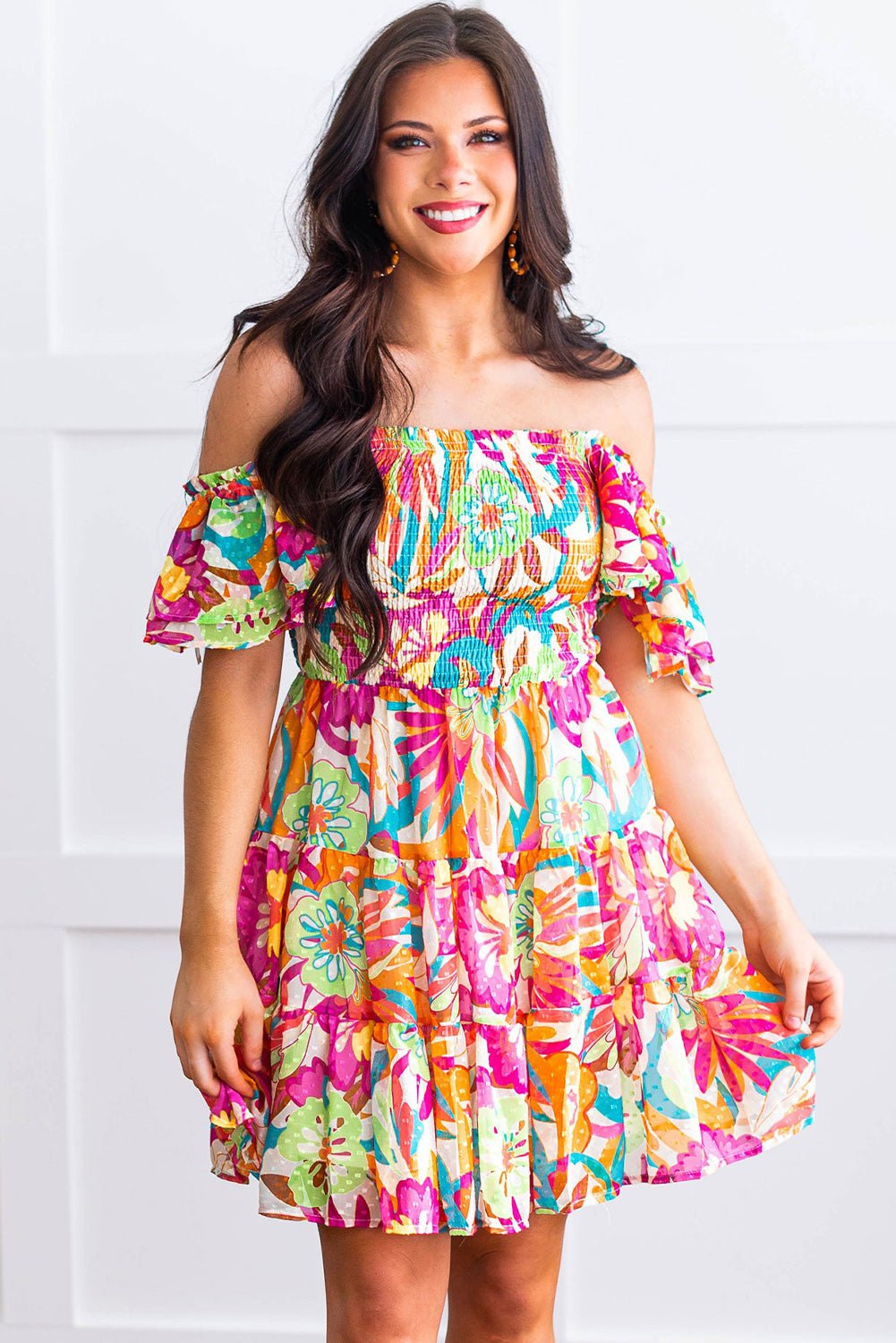 Boho Off-shoulder Smocked Floral Dress