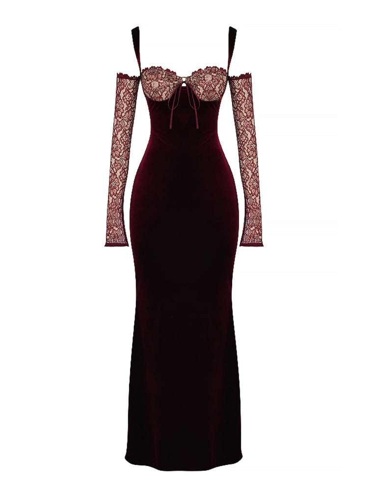 Black Cherry Velvet Lace Long Sleeve Maxi Dress