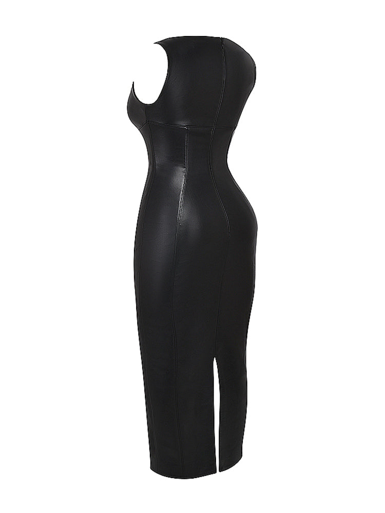 Black Leather High Neck Bodycon Maxi dress