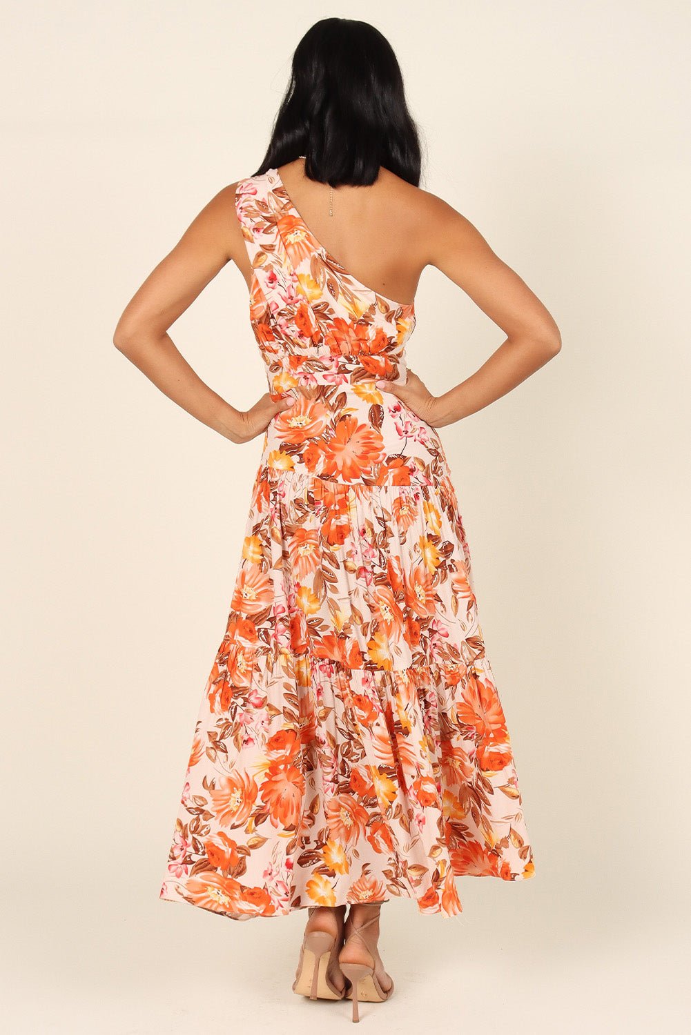 Orange Floral Pleated One Shoulder Maxi Dress