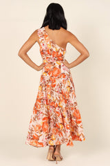 Orange Floral Pleated One Shoulder Maxi Dress