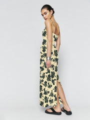 Ginkgo Print Smocking Back Slit Maxi Dress