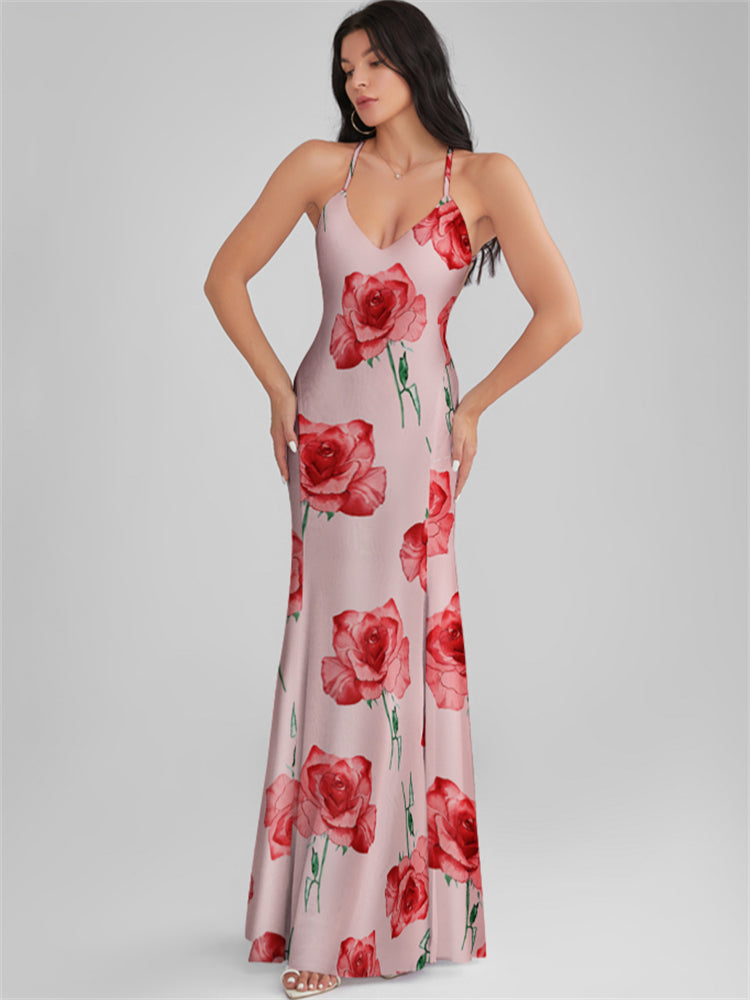 CATALINA Misty Rose Print Backless Plunge Maxi Dress