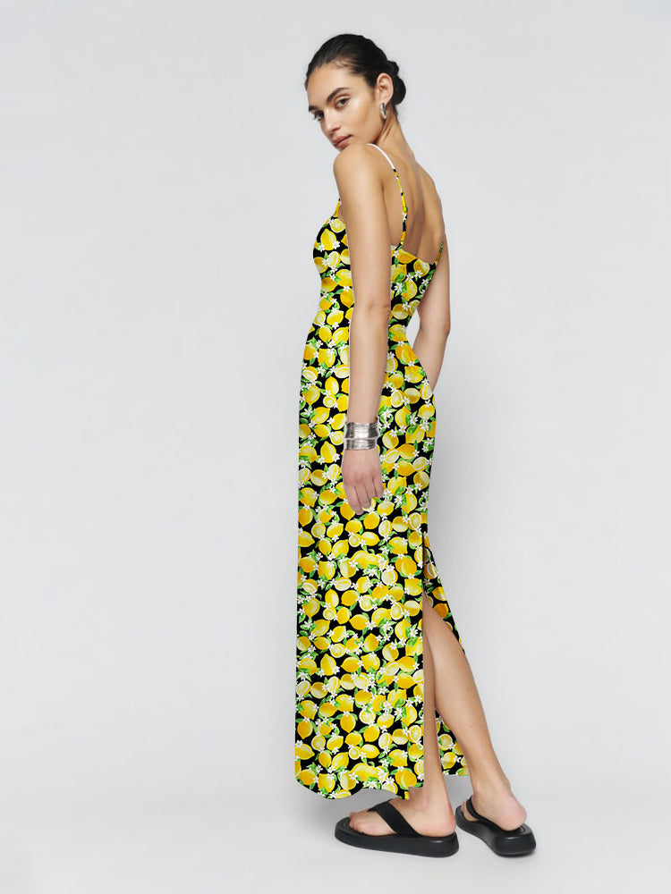 Lemon Print Smocking Back Slit Maxi Dress