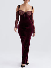 Black Cherry Velvet Lace Long Sleeve Maxi Dress