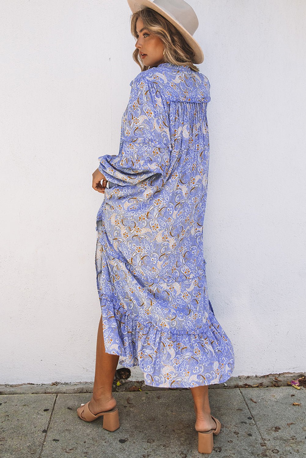 Purple Ruffled Bubble Sleeves Kaftan Paisley Maxi Dress