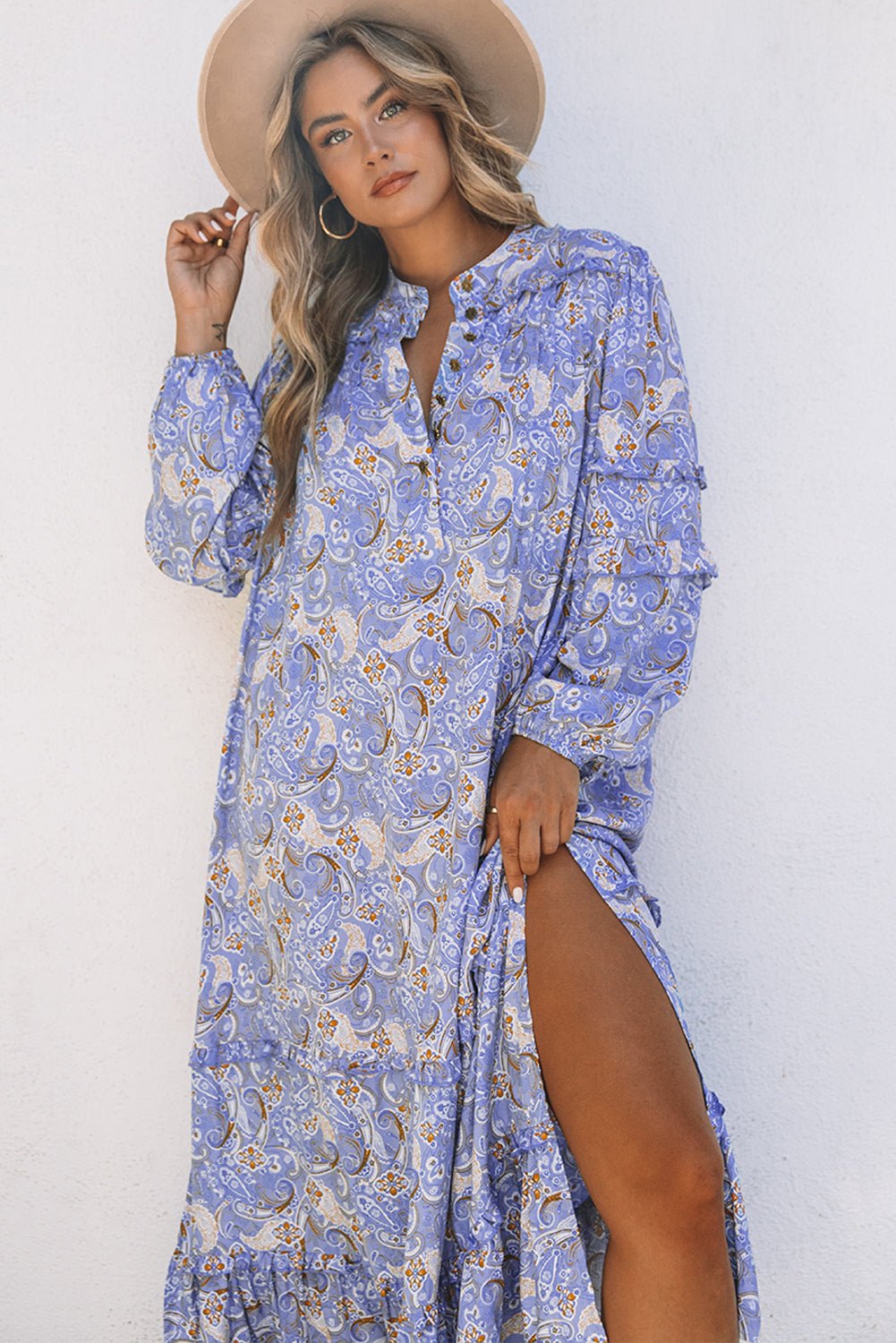 Purple Ruffled Bubble Sleeves Kaftan Paisley Maxi Dress