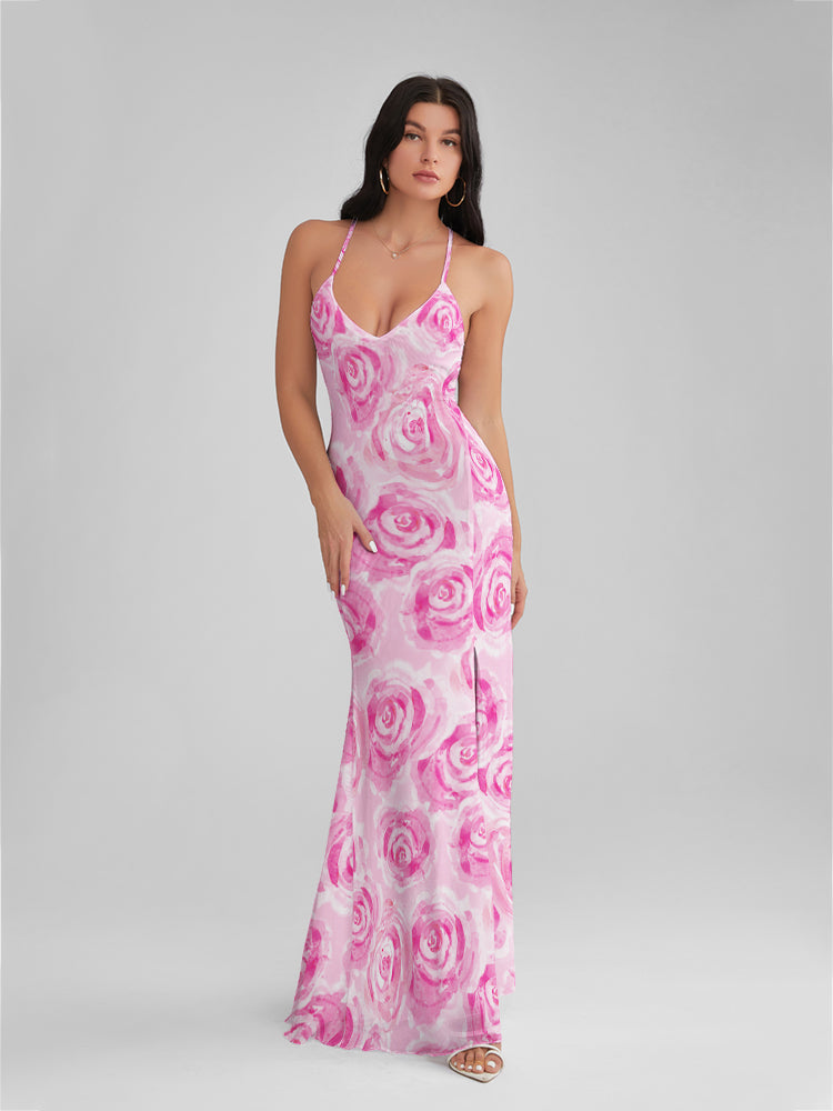 CATALINA Pastel Rose Print Backless Plunge Maxi Dress