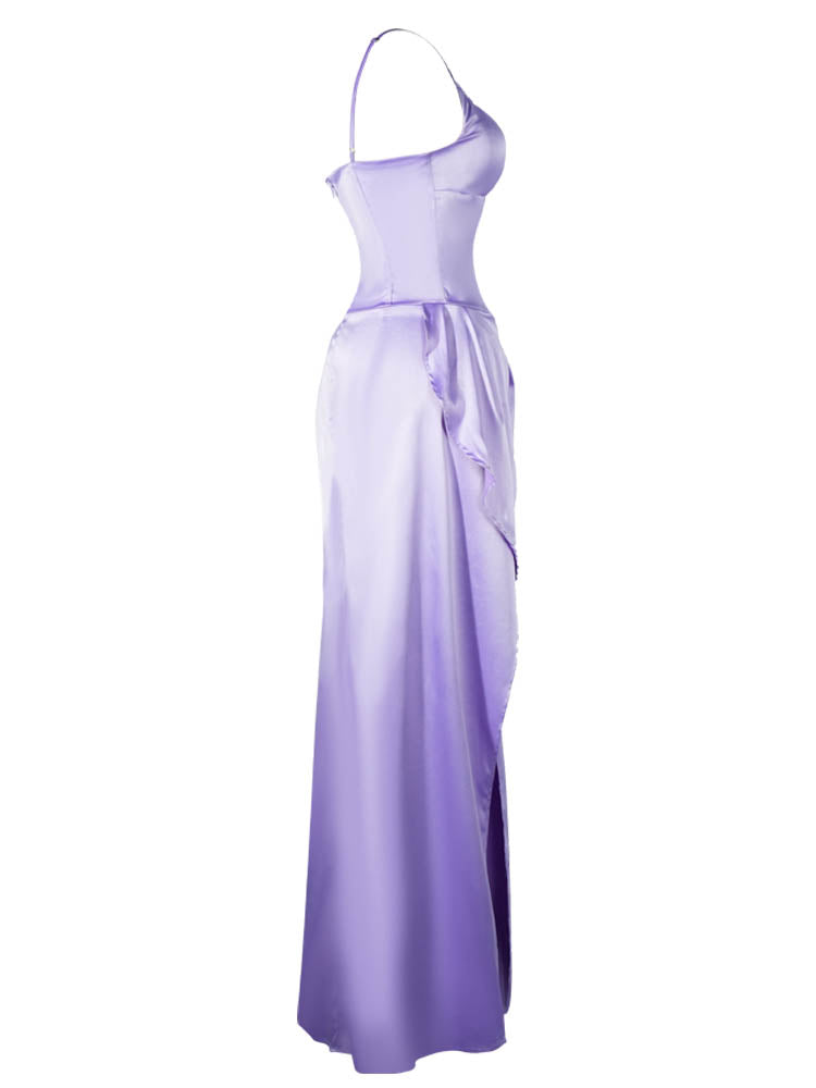 Satin Cut Out Side Slit Corset Evening Gown