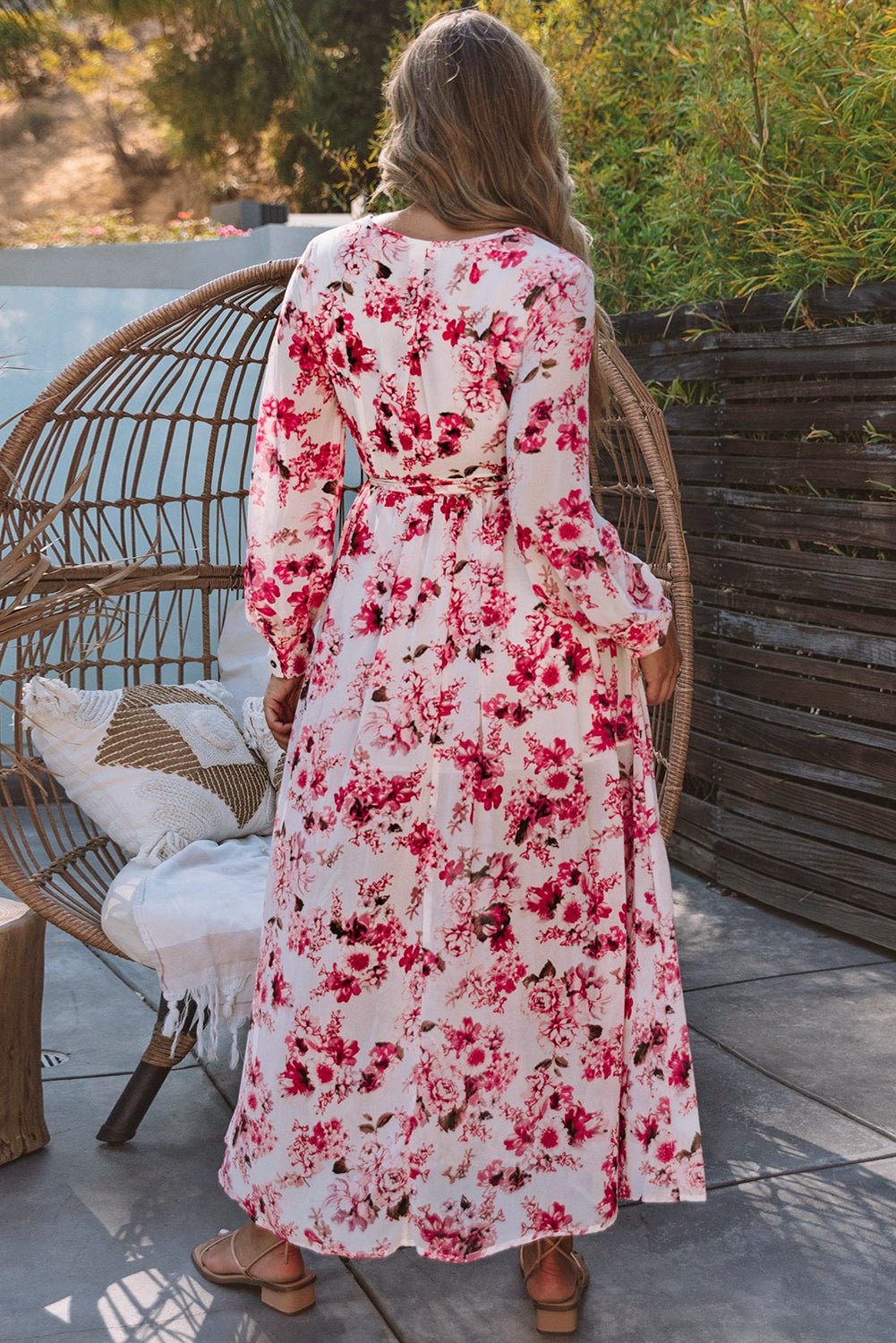 Pink Wrap V Neck Floral Maxi Dress