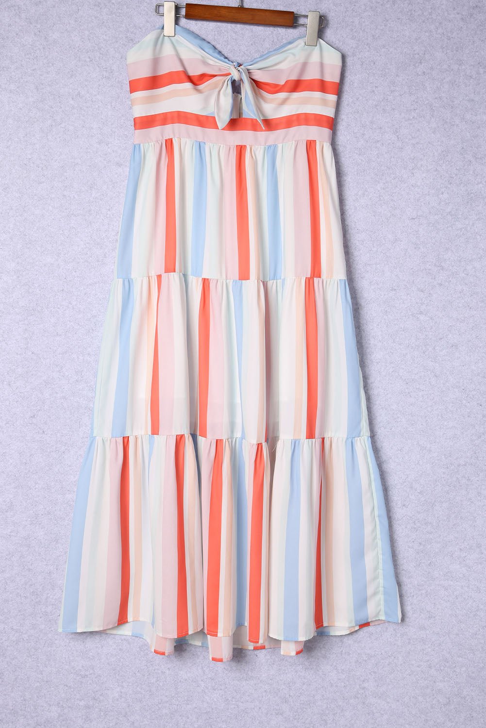 Multicolor Striped Tie Decor Strapless Tiered Maxi Dress