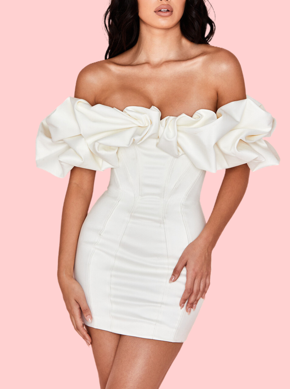 Strapless Ruffle Shoulder Satin Mini Dress