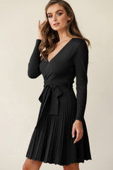 Black Belted V Neck Ribbed Pleated Sweater Dress