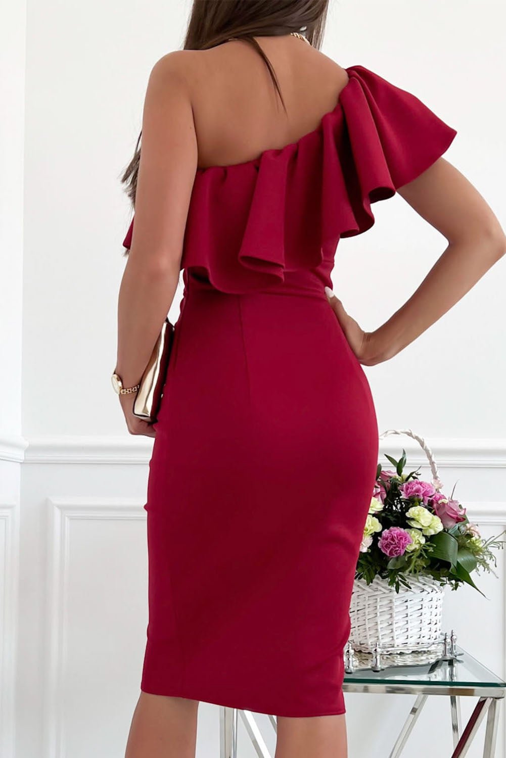 One Shoulder Ruched Slit Bodycon Dress