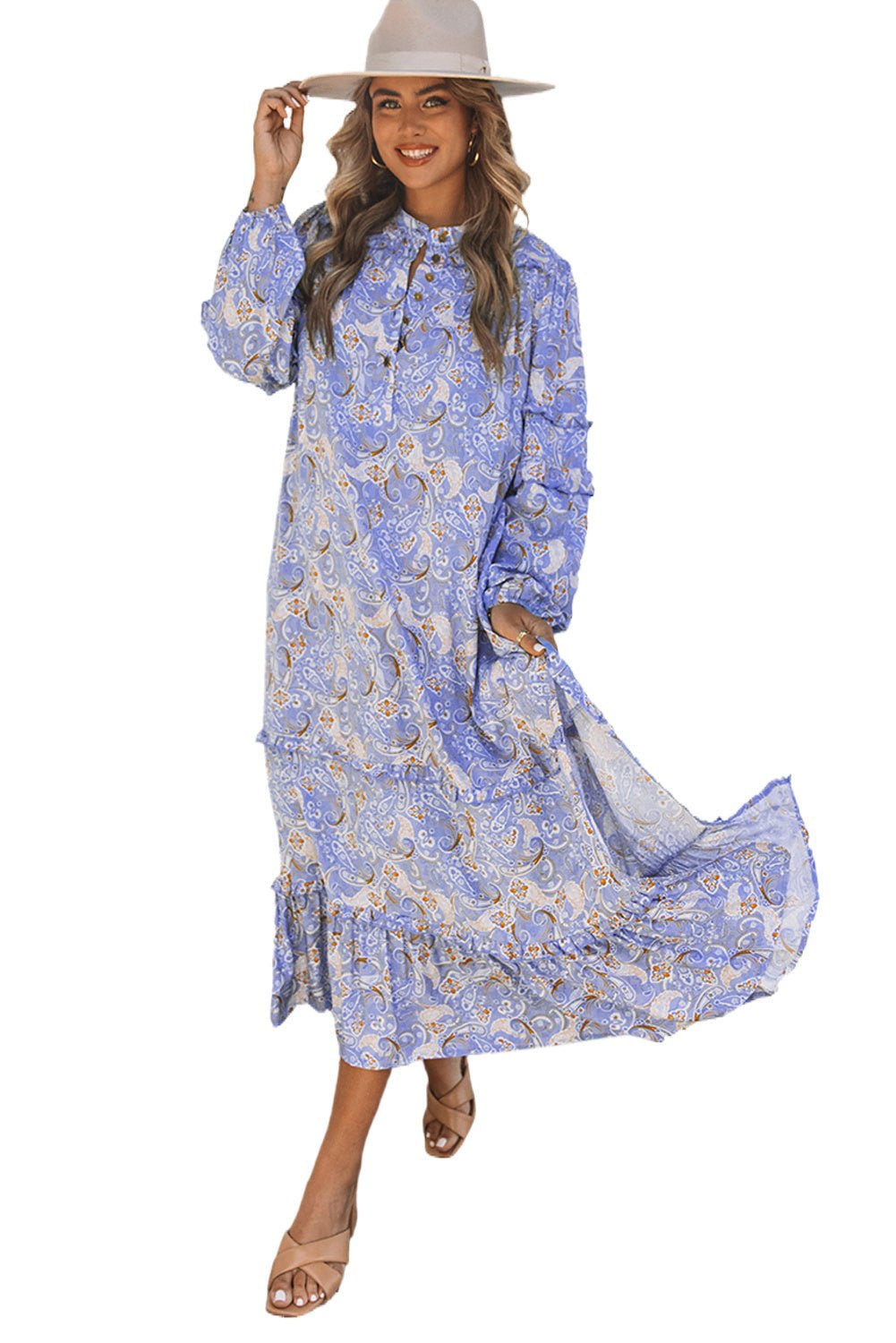 Purple Ruffled Bubble Sleeves Kaftan Paisley Maxi Dress