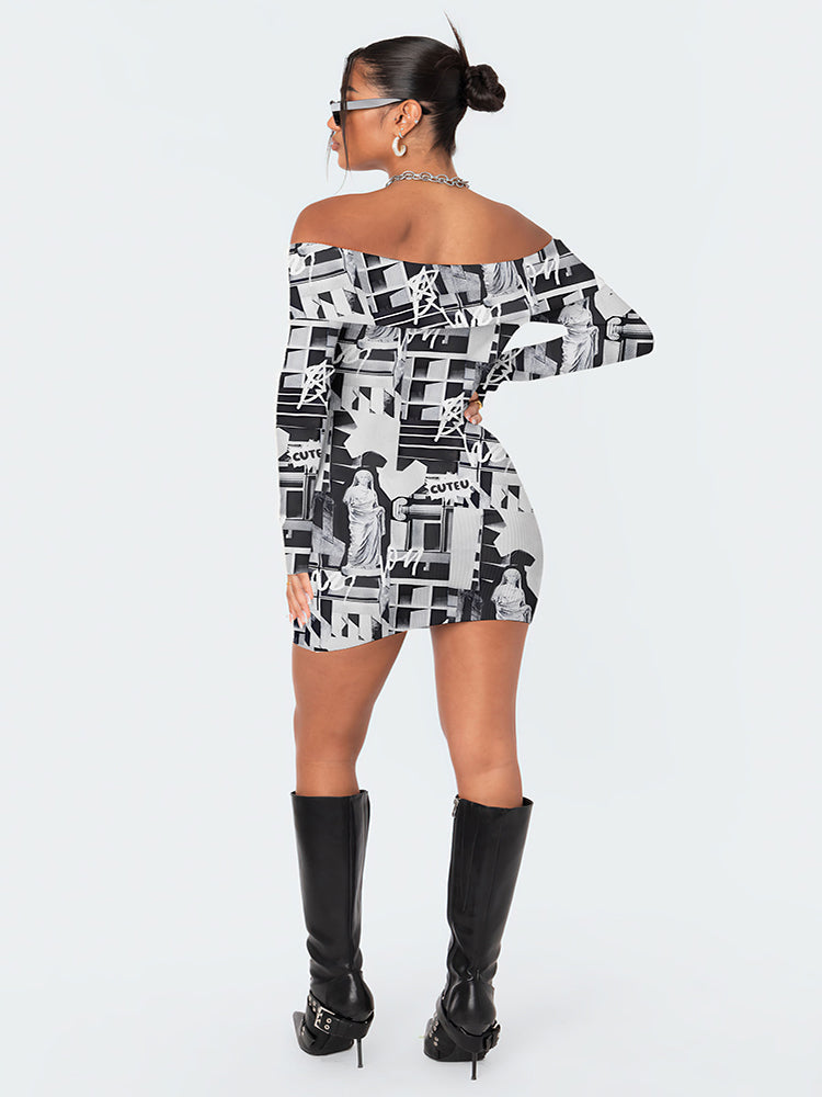 Fold Over Off Shoulder Long Sleeve Mini Dress