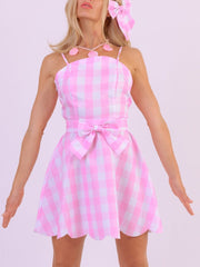 Barbie Pink Plaid Printed Bow Tie Mini Dress