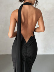 Elongated Sash Halter Sleeveless Open Back Maxi Dress