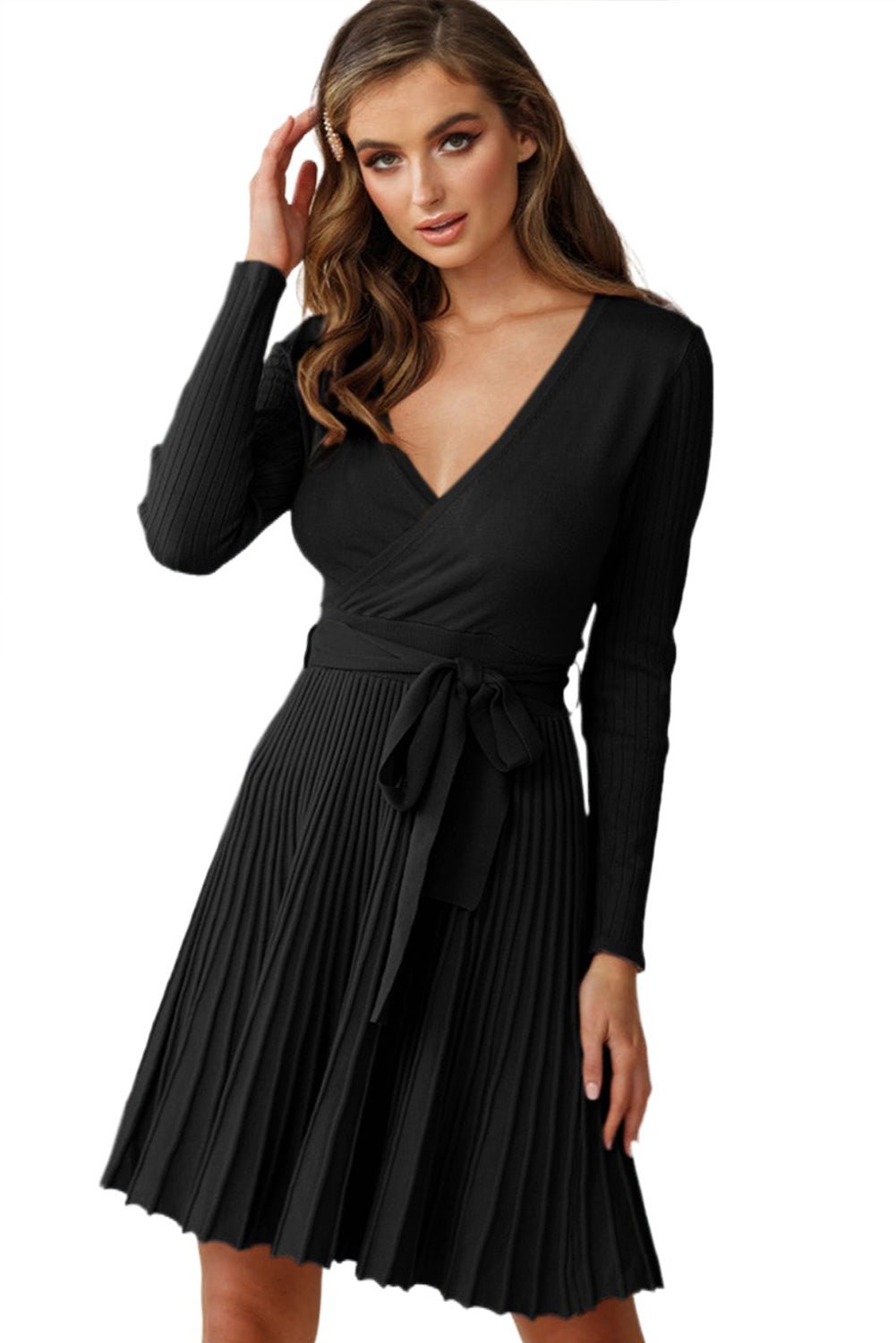 Black Belted V Neck Ribbed Pleated Sweater Dress