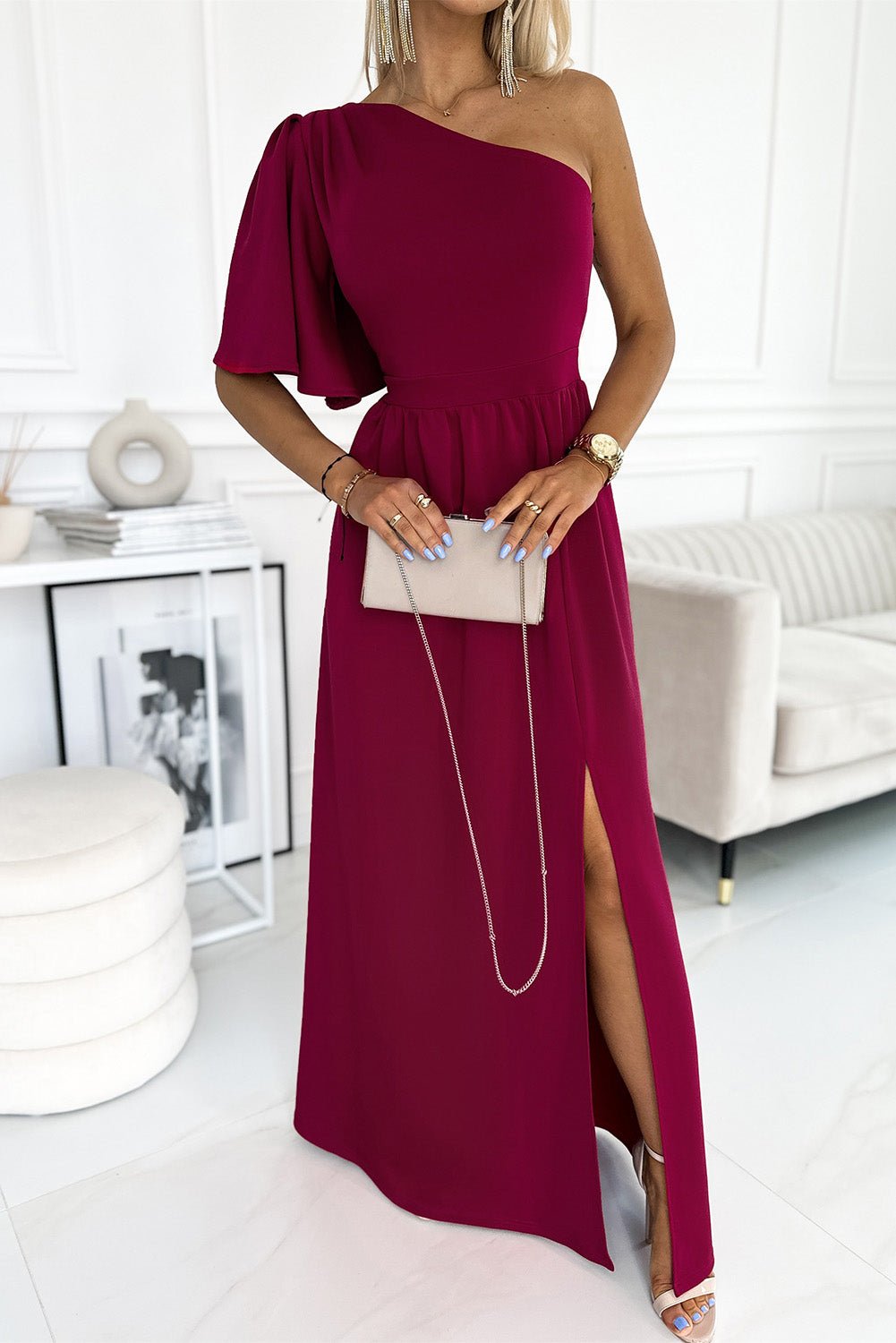 Rose One Shoulder Ruffle Sleeve Maxi Dress with Slit