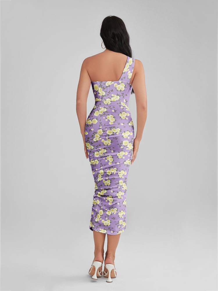 Emily In Paris Pattern Purple Floral One Shoulder Corset Midi Dress