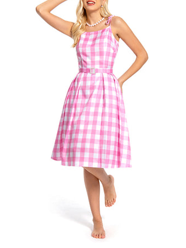 Barbie Pink Plaid Printed Cami Midi Dress