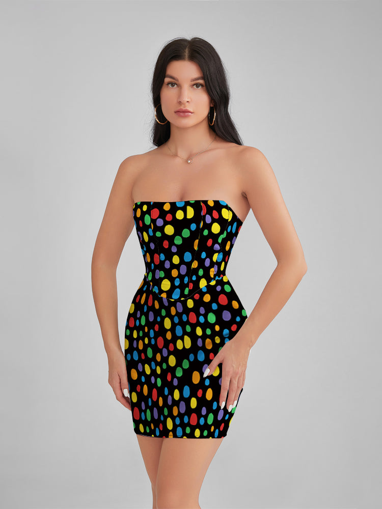 BEVERLY Painted Dots Satin Strapless Corset Mini Dress