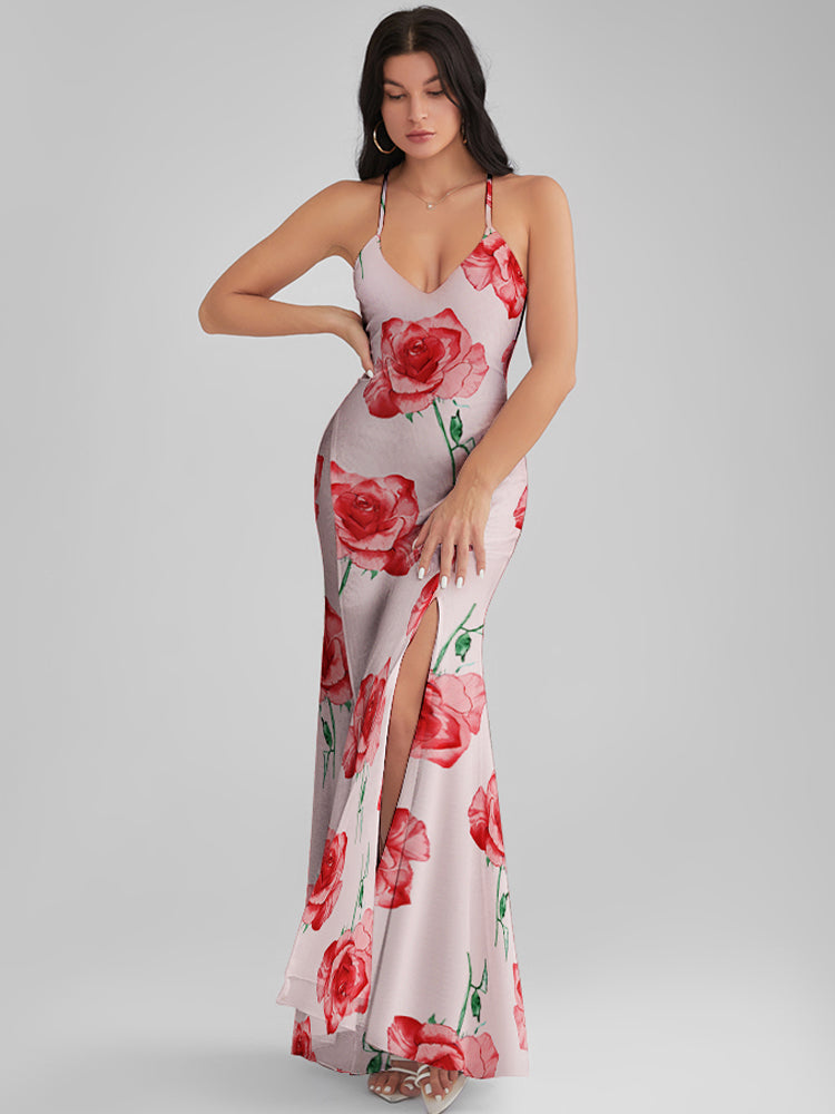 CATALINA Misty Rose Print Backless Plunge Maxi Dress