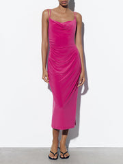 Deeppink Draped Neck Thin Double Straps Midi Dress