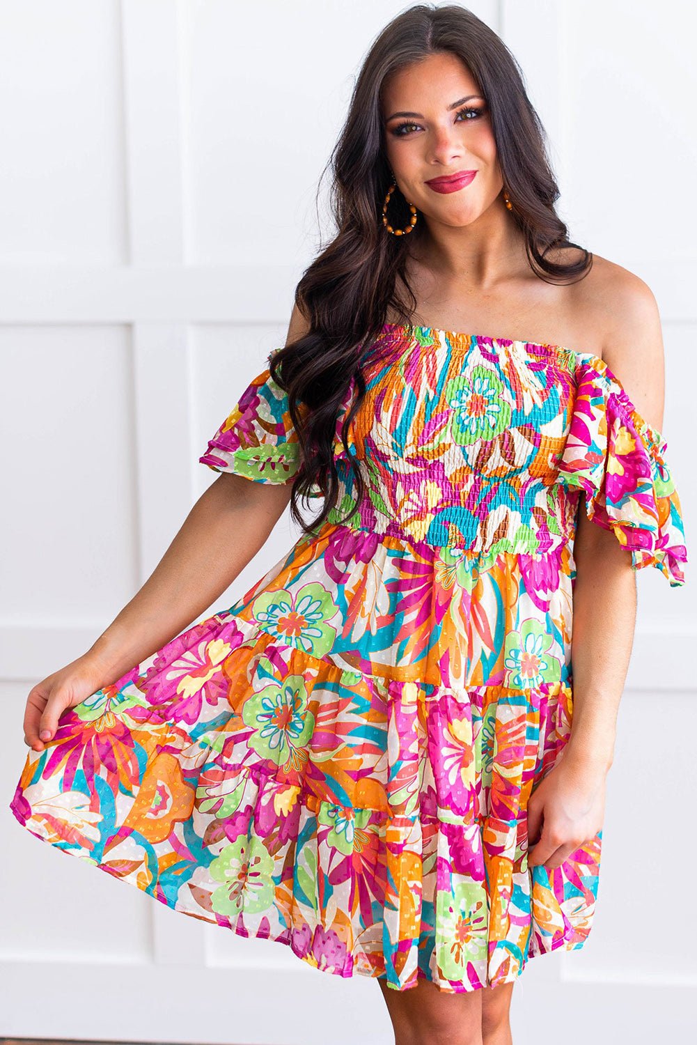 Boho Off-shoulder Smocked Floral Dress