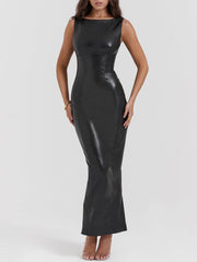 Black Leather High Neck Bodycon Maxi dress