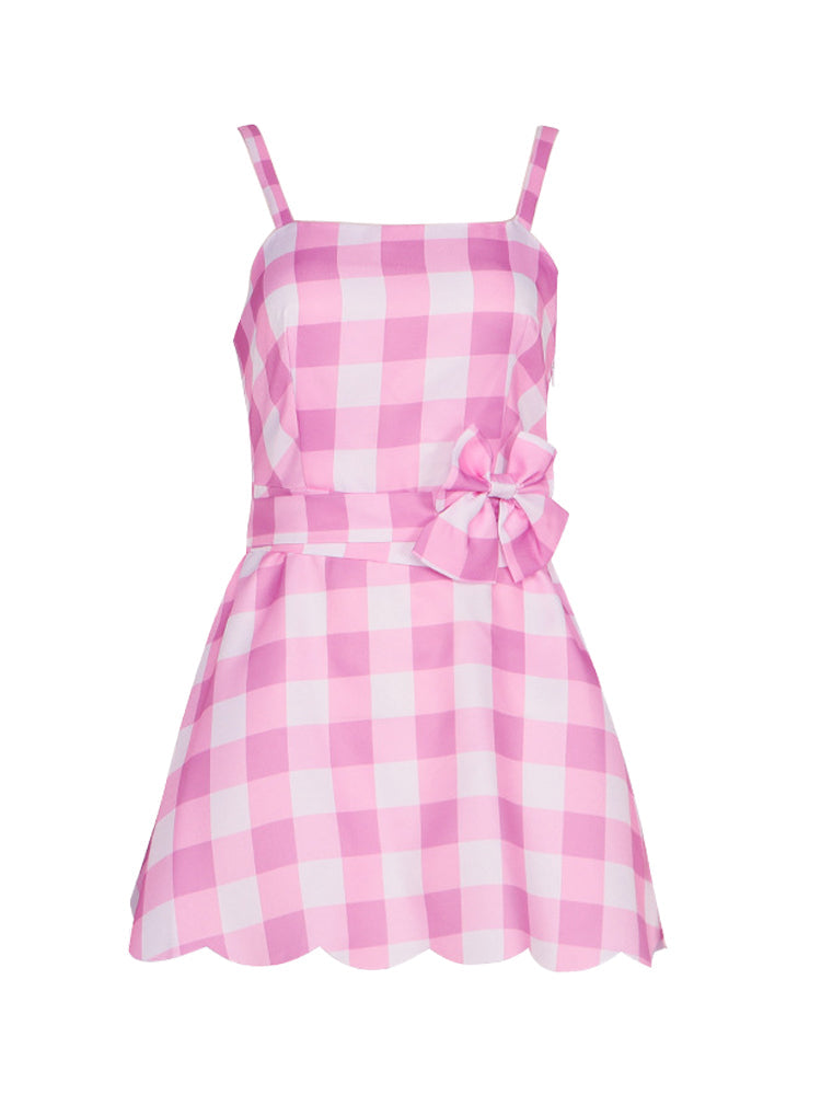 Barbie Pink Plaid Printed Bow Tie Mini Dress