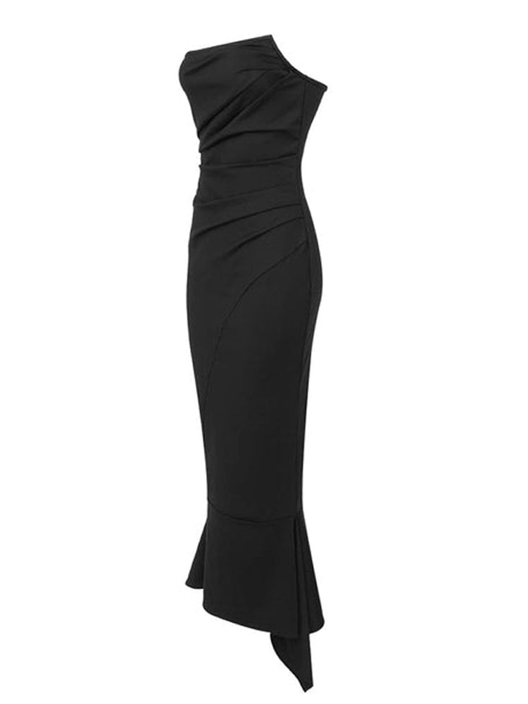 Off Shoulder Ruched Slit Fishtail Maxi Dress